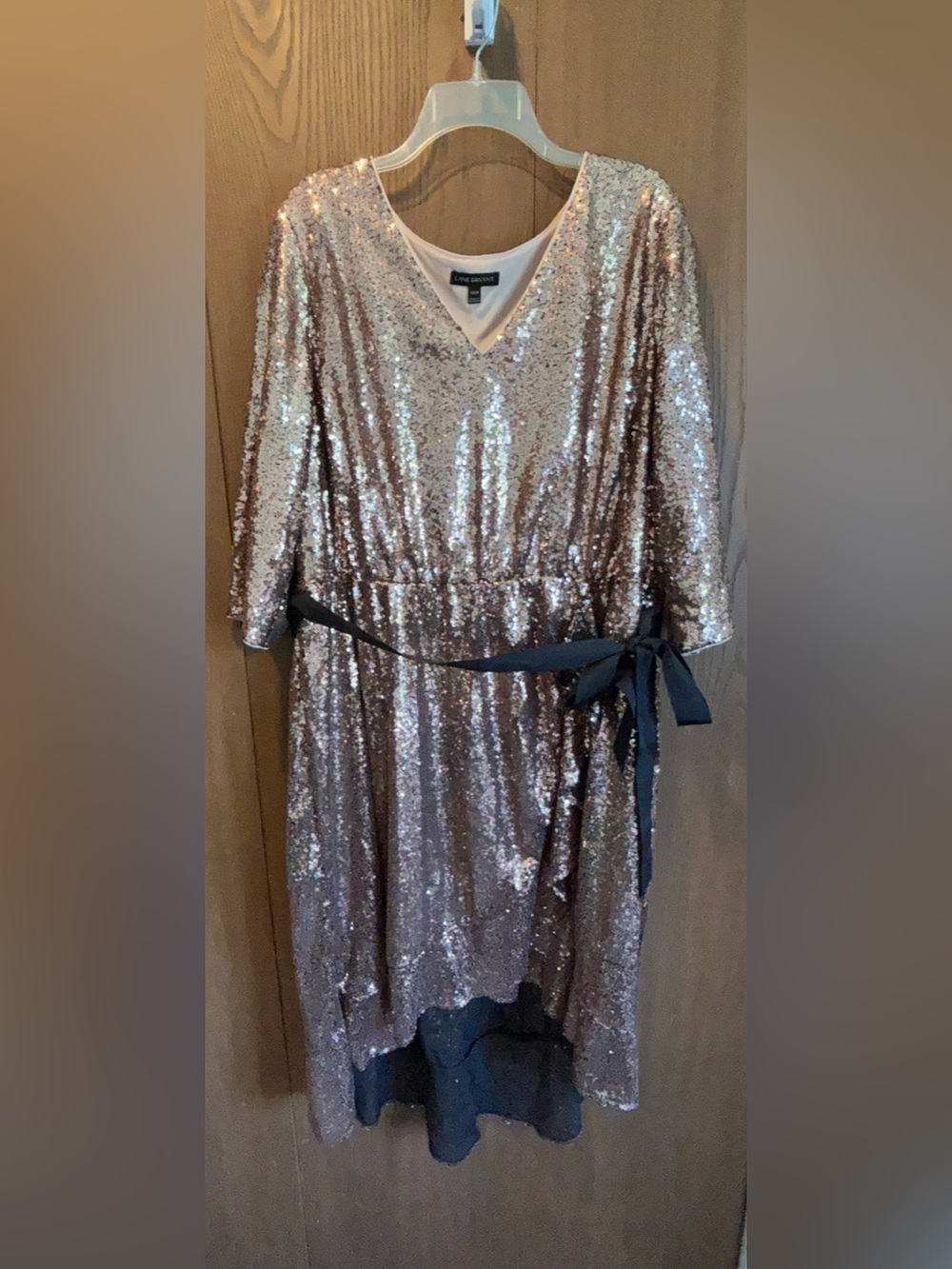 Lane Bryant Rose Gold Sequin V-Neck Midi Dress with Black sash belt